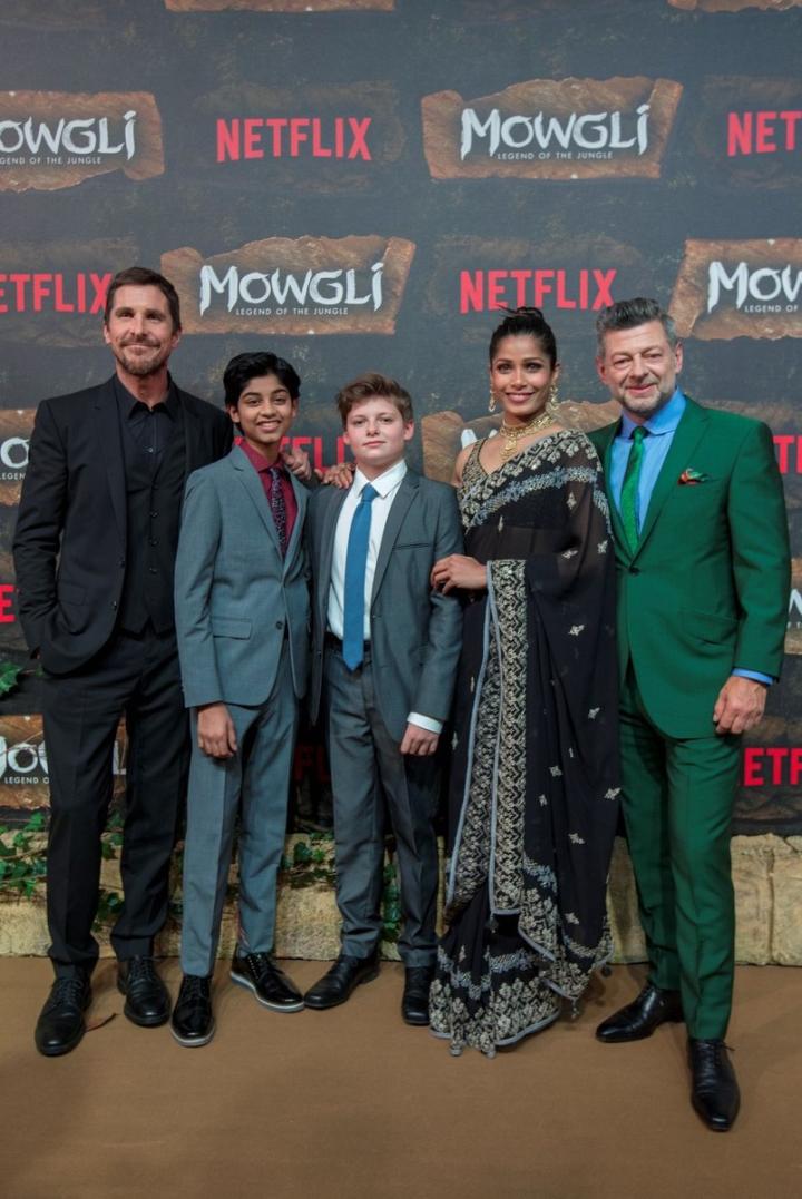 Christian Bale, Andy Serkis, Freida Pinto, Rohan Chand, and Louis Ashbourne Serkis at an event for Mowgli: Legend of the Jungle (2018)
