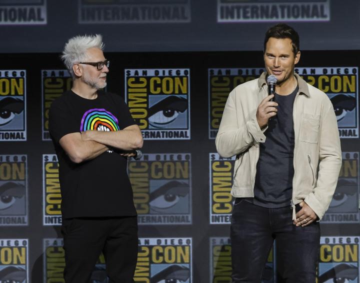 James Gunn and Chris Pratt at an event for Guardians of the Galaxy Vol. 3 (2023)